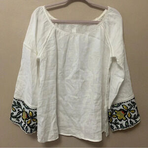 120% Lino Linen Top Embroidered Sleeves